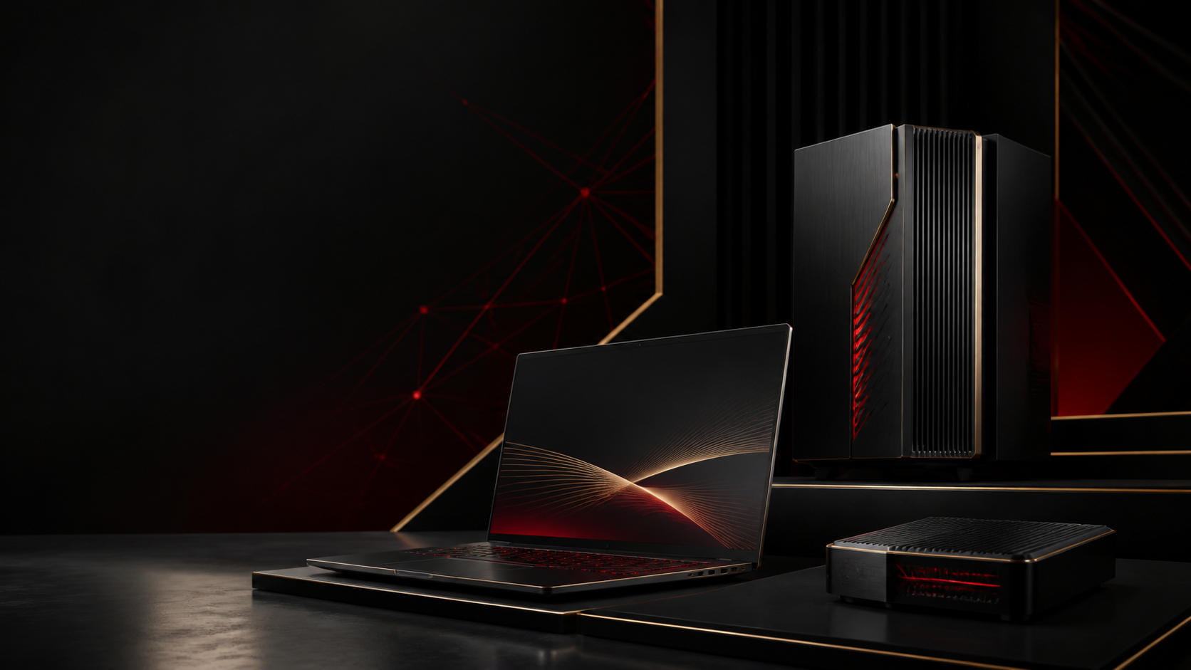 IMMA hardware ecosystem reference concepts arranged in a dark studio